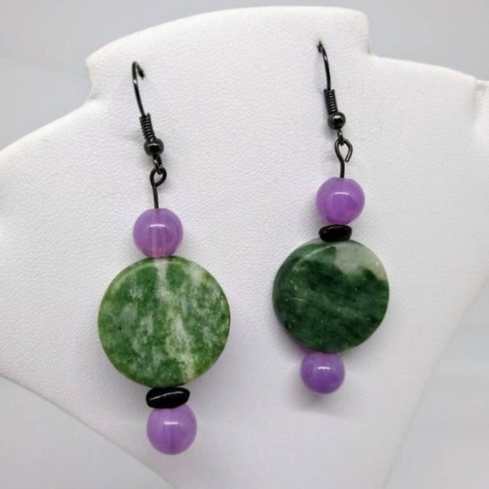 Green marble and purple stone earrings